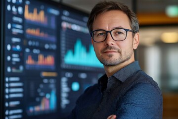 Fototapeta premium Portrait of a businessman analyzing financial data displayed on a large screen in a modern office