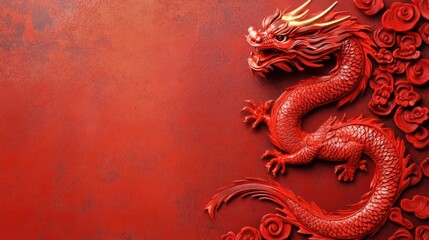 Red chinese style banner or postcard template with Chinese Dragon on the right side and copy space on the left