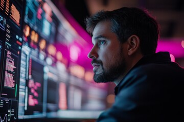 Obraz premium Software developer concentrating on complex code displayed on multiple monitors in a neon-lit office at night