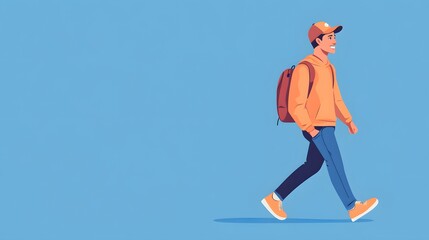 Happy young man walking with backpack outdoors