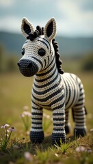 realistic highly detailed crochet of a zebra with a nature background