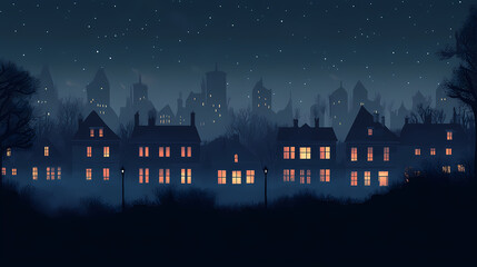 Nighttime cityscape illuminated buildings foggy skyline. Nightstone. Illustration