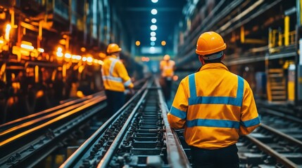 Industrial Worker on Railroad Tracks in a Steel Mill Safety Gear Factory Setting