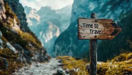 Obraz premium A rustic wooden sign labeled Time to Travel stands along a winding path surrounded by lush green hills and majestic mountains under a bright sky, encouraging exploration.