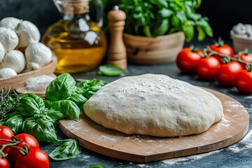 Fototapeta premium A kitchen counter with ingredients for a homemade pizza. Generative AI