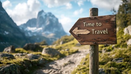 A rustic wooden sign labeled Time to Travel stands along a winding path surrounded by lush green hills and majestic mountains under a bright sky, encouraging exploration.
