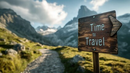 Obraz premium A rustic wooden sign labeled Time to Travel stands along a winding path surrounded by lush green hills and majestic mountains under a bright sky, encouraging exploration.