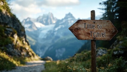 A rustic wooden sign labeled Time to Travel stands along a winding path surrounded by lush green hills and majestic mountains under a bright sky, encouraging exploration.
