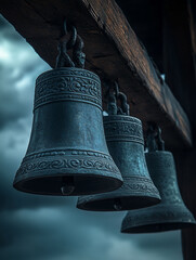 Obraz premium Ancient bells hanging outdoors under stormy sky; religious, historical context; website or print use