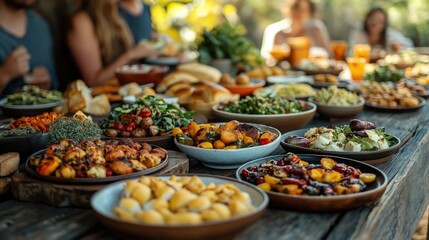 Obraz premium Outdoor dining scene shows variety of dishes on rustic wooden table. People gather to share meal together. Various delicious food items including salads roasted vegetables, pastries arranged on