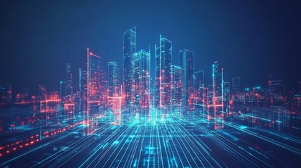 Fototapeta premium Invest in Future Smart Digital City Concept. Urban Architecture High Towers Concept of the Future City. Virtual Reality Abstract Digital Skyscraper Buildings. Modern Technology Vector Illustration.