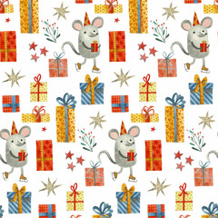 Christmas or New year seamless pattern with cute mice. Mouse. Winter background with mouse. Rat horoscope sign. Chinese year of Rat . Happy New Year. Concept image of symbol chinese new year