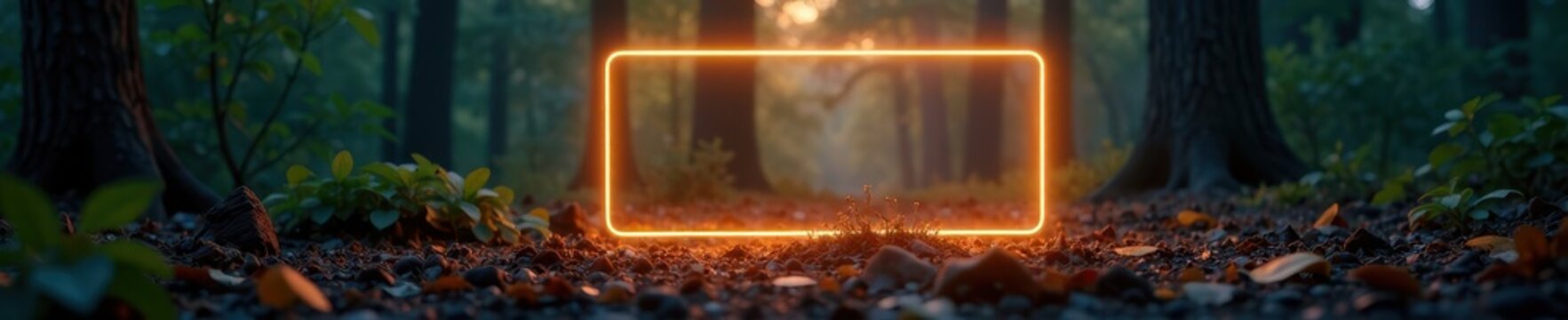 Glowing rectangle glows softly on forest ground with twigs and leaves, forest, leaves, neon