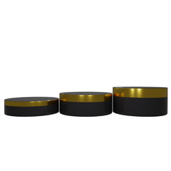 3d render of three black podiums with shiny golden accent