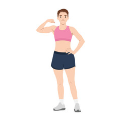 Enthusiastic Female Bodybuilder Flexing Her Muscles Confidently. Flat vector illustration isolated on white background