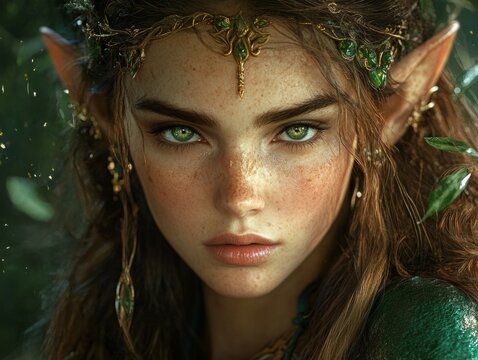 Portrait of beautiful elf princess wearing golden tiara and green dress in enchanted forest