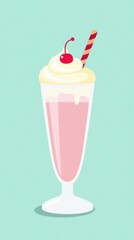 Pastel Illustrated Milkshake in Classic Glass with Whipped Cream and Cherry