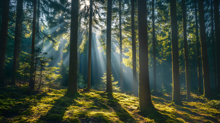 Obraz premium Quiet spring forest with beautiful sunlight streaming through the trees