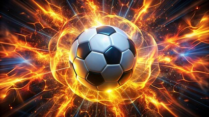 Fototapeta premium A dynamic 4K wallpaper of a soccer ball with a fiery neon glow, radiating energy, motion, and excitement