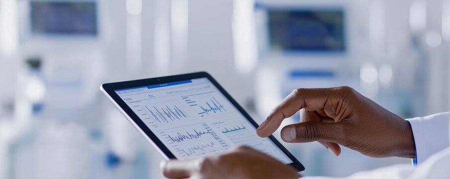 Person reviews healthcare project plan on tablet in hospital. Hands inspect project milestones, timeline. Focus on quality improvement, resource allocation. Medical pro analyzes project data,