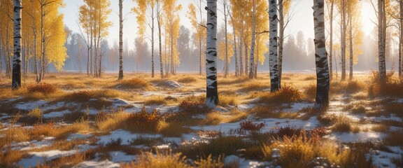 Obraz premium Frosty mornings on the tundra with birch trees turning golden yellow and orange, nature photography, autumn colors