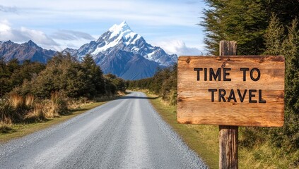 A rustic wooden sign invites travelers to explore the breathtaking landscape along a gravel road. Snow-capped peaks and lush greenery surround the path, reflecting tranquility.