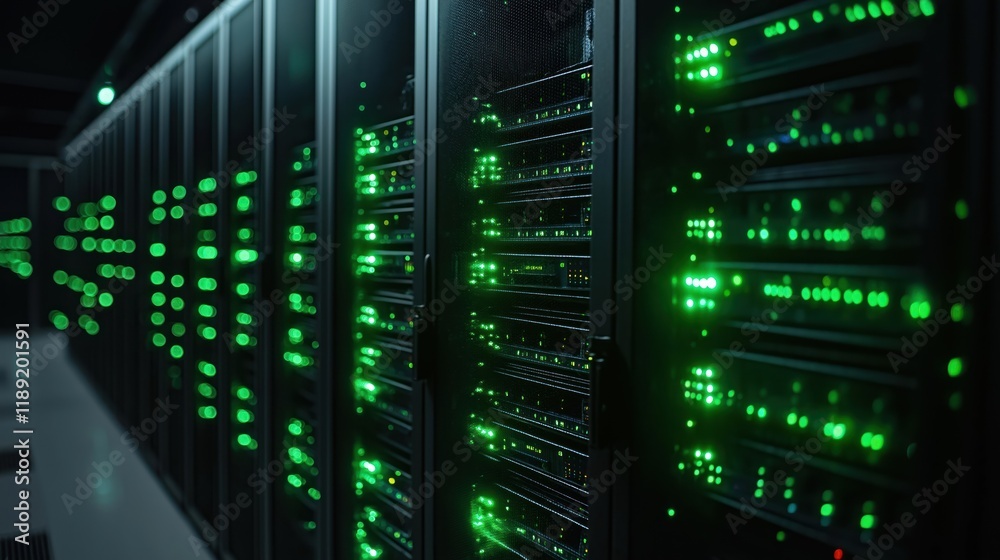 Poster close-up server racks with glowing green lights. dark datacenter interior. rows of tech equipment. a
