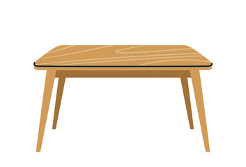 Wooden rectangular table with a natural wood texture, simple design, and four angled legs, placed on a white background. Vector illustration of furniture design