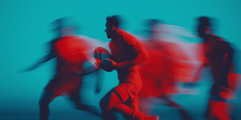 rugby match in vibrant duotone red and blue with dynamic motion blur, showcasing team energy, power, and artistic intensity in a bold and modern sports visual for impactful designs