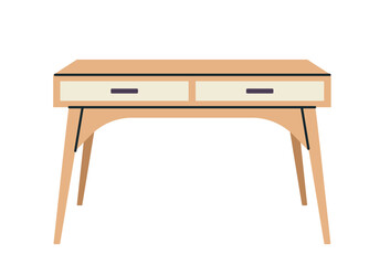 Wooden table with two drawers in minimalist style, on a white background. Vector illustration ideal for furniture design or home decor concepts