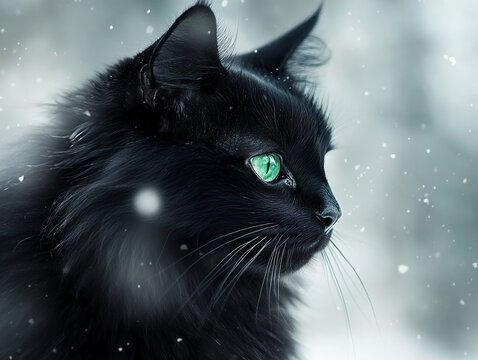 Black cat with green eyes in a snowy background, close-up profile view