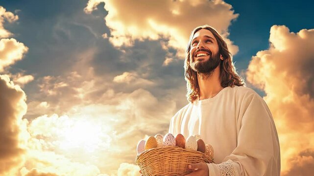 4k video of Jesus in Heaven on Easter with moving clouds.