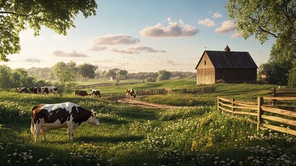 Serene Pastoral Scene: Cows Grazing Near Rustic Barn at Sunset