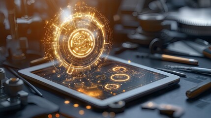 Futuristic Concepts Depicting Brainstorming and Ideation Processes, captured in a realistic photo of scattered tools and glowing idea diagrams on a digital tablet