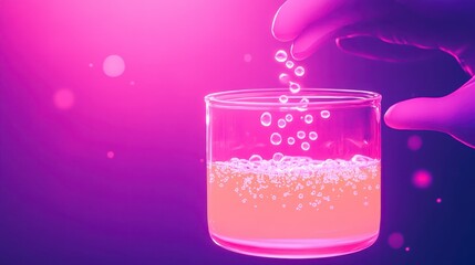 Adding Bubbles to Pink Liquid in Glass Beaker Science Experiment Chemistry Concept