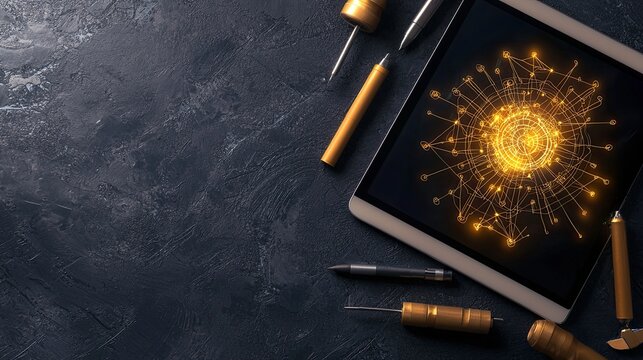 Futuristic Concepts Depicting Brainstorming and Ideation Processes, captured in a realistic photo of scattered tools and glowing idea diagrams on a digital tablet