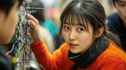 Young Asian Woman Engineer Examining Circuit Board Focused Expression Close Up