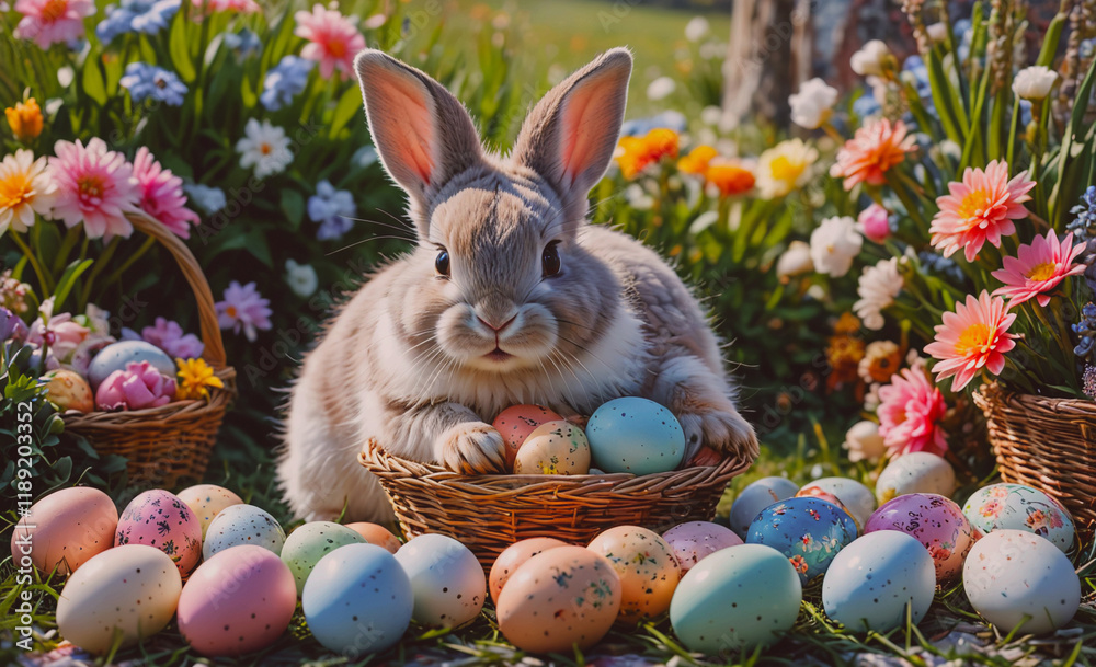 Poster Rabbit is sitting in a basket of Easter eggs. There are many different colored eggs in the basket