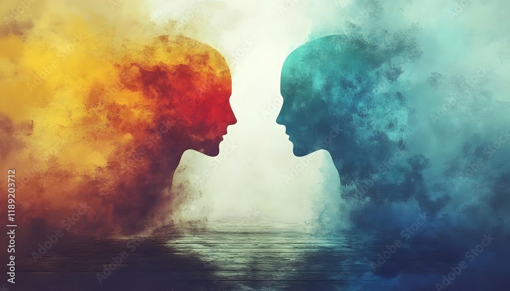 Aufkleber Artistic Representation of Two Abstract Human Figures Facing Each Other Surrounded by Colorful Digital Smoke Evoking Emotion and Connection in a Surreal Landscape