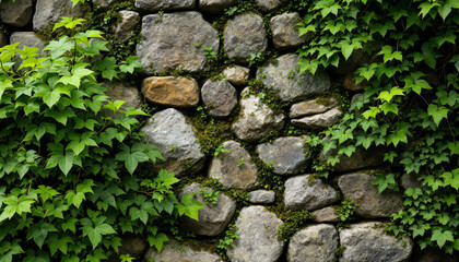 Rugged stone wall covered with green ivy and moss