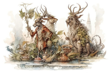 three fantastic creatures resembling goats with large horns, thick fur and human features. 