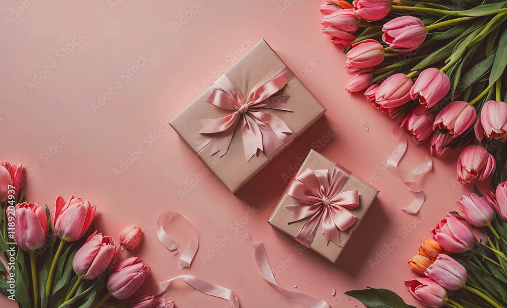 Poster two boxes with pink bows on top of a pink background. the boxes are on a table. there are many pink 