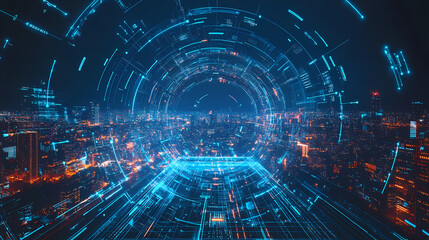 Fototapeta premium Futuristic digital portal above cityscape at night. Nightstone. Illustration