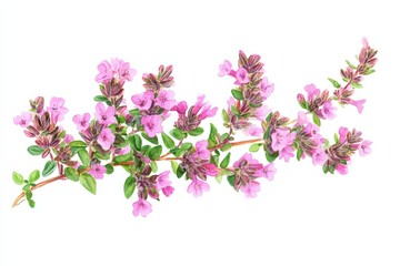a watercolor of thyme with pink flowers on a white background