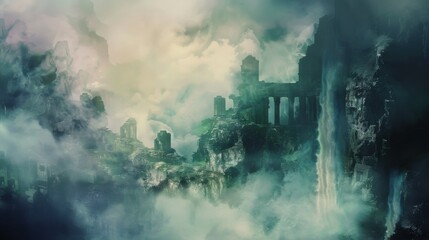 a mystical realm where ancient ruins are shrouded in mist and mystery, white space in the center of the page for text, vibrant and surreal hues against a dark background