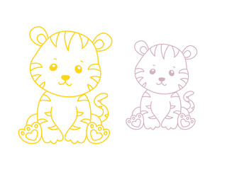 A minimalistic design featuring two cute tiger cubs drawn in simple outlines. One is highlighted in bright yellow, and the other in soft lavender, with heart details on their paws. Perfect .