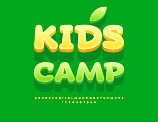 Naklejka premium Vector recreational banner Kids Camp. Cute Green 3D Font. Cartoon style Alphabet Letters, Numbers and Symbols set