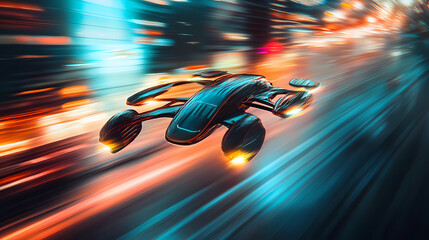 Futuristic flying vehicle speeds through city lights. Nightstone. Illustration