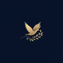 Fototapeta premium Golden dove, olive branch, dark background, logo design (1)