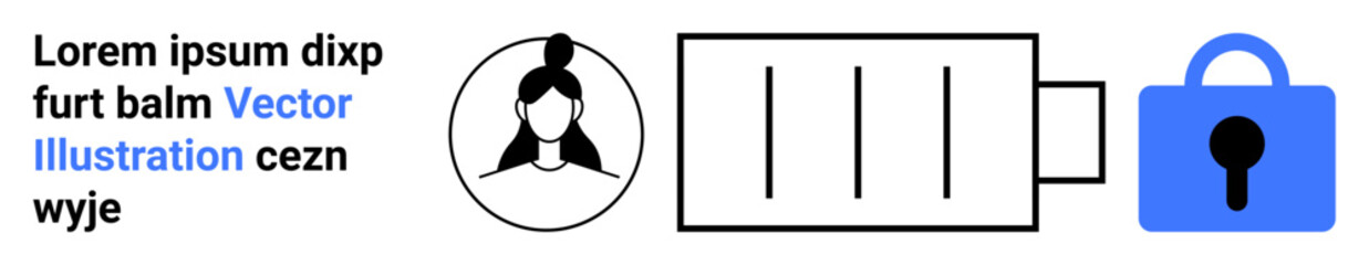 Female avatar, loading bar, and blue lock symbol next to placeholder text in clean, minimalist design. Ideal for software security, privacy protection, user authentication, data encryption